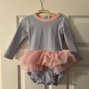 Ruffle Butts Blue and White Striped Swim Onesie with Pink Tulle